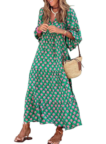 Women's Puff Sleeve Smocked Ruffle Boho Maxi Dress