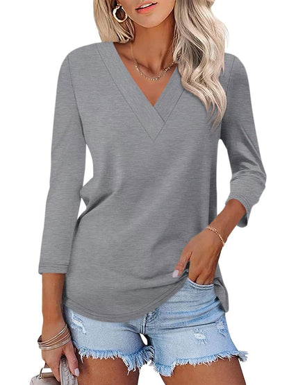 Women's 3/4 Length Sleeves V Neck Basic Tops