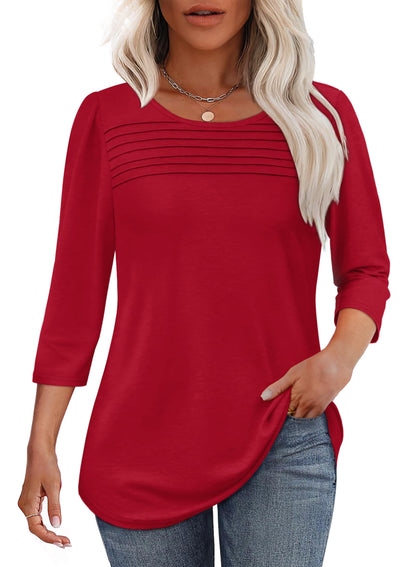 Women's 3/4 Length Sleeve Top Pleated Front T-Shirt