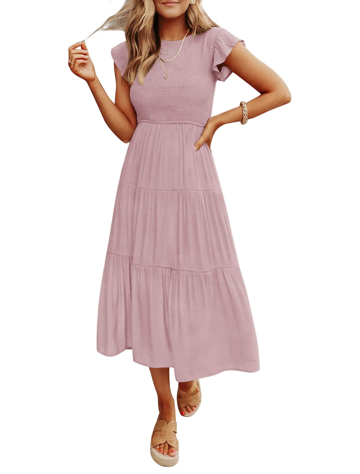 Women's Summer Casual Flutter Short Sleeve Smocked  Midi Dress