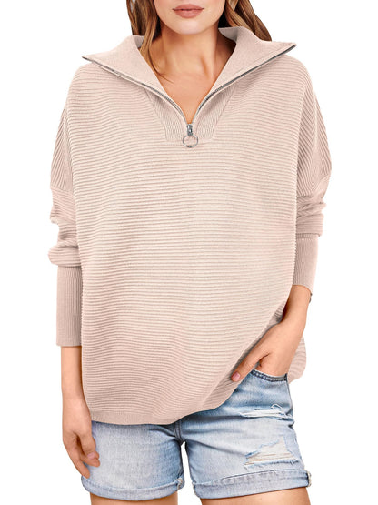 Women's Quarter Zip Rib Knit Cozy Pullover Sweaters