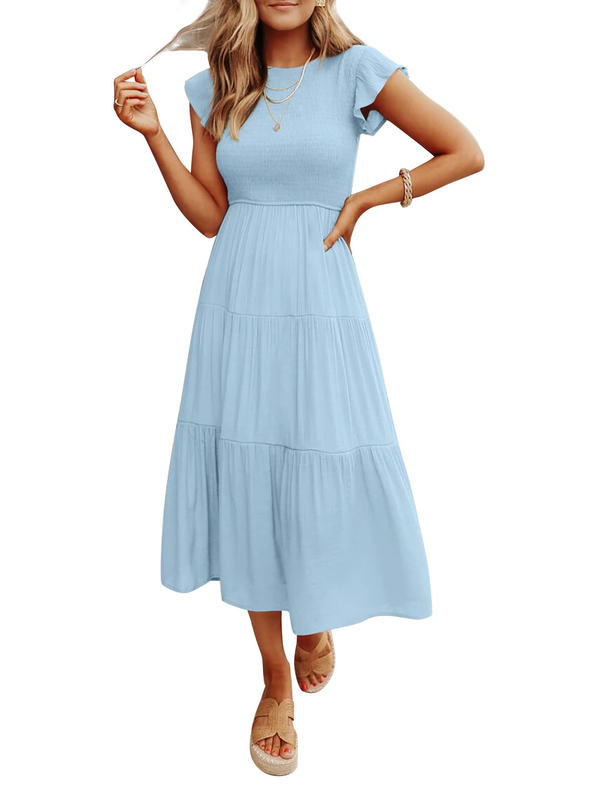 Women's Summer Casual Flutter Short Sleeve Smocked  Midi Dress