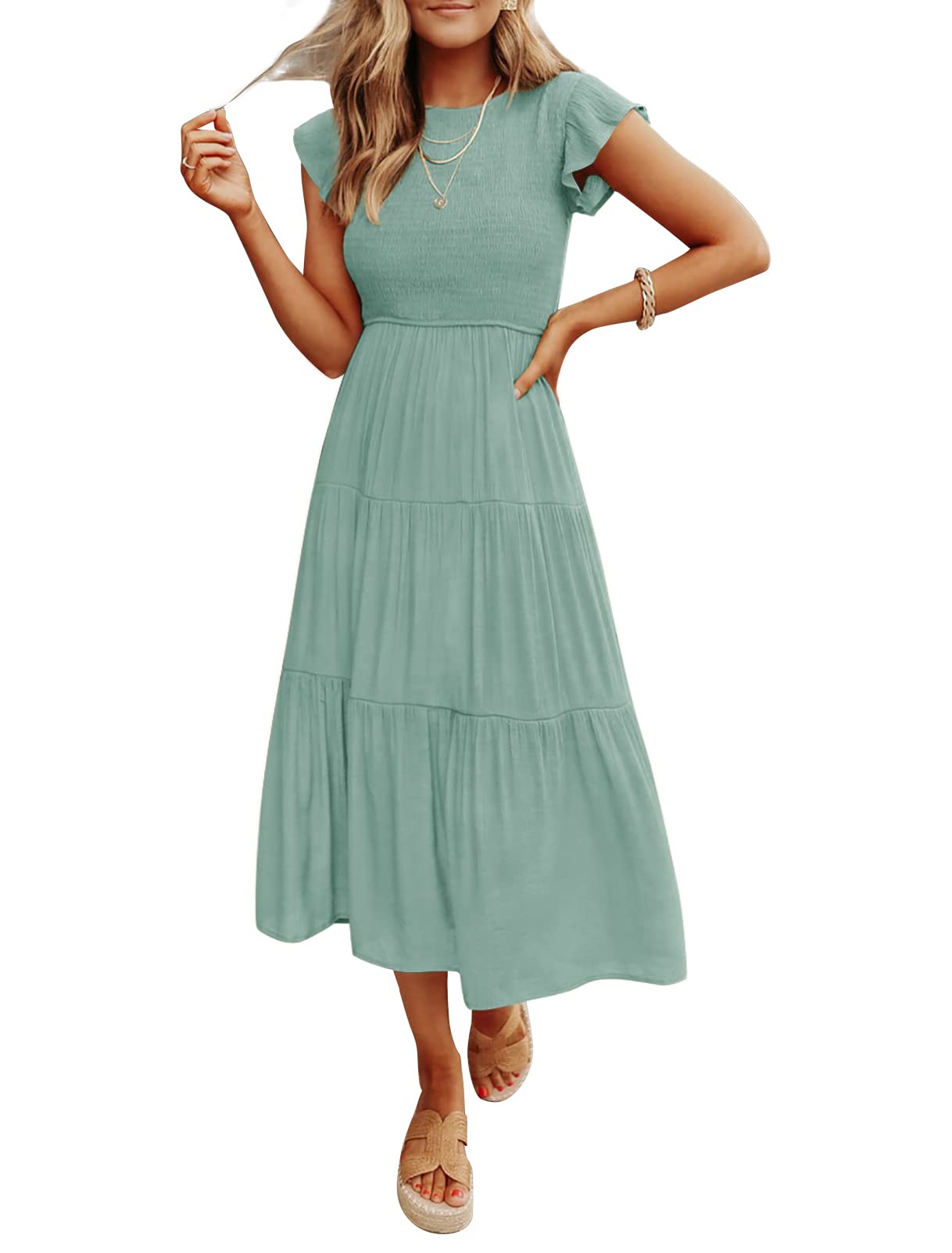 Women's Summer Casual Flutter Short Sleeve Smocked  Midi Dress