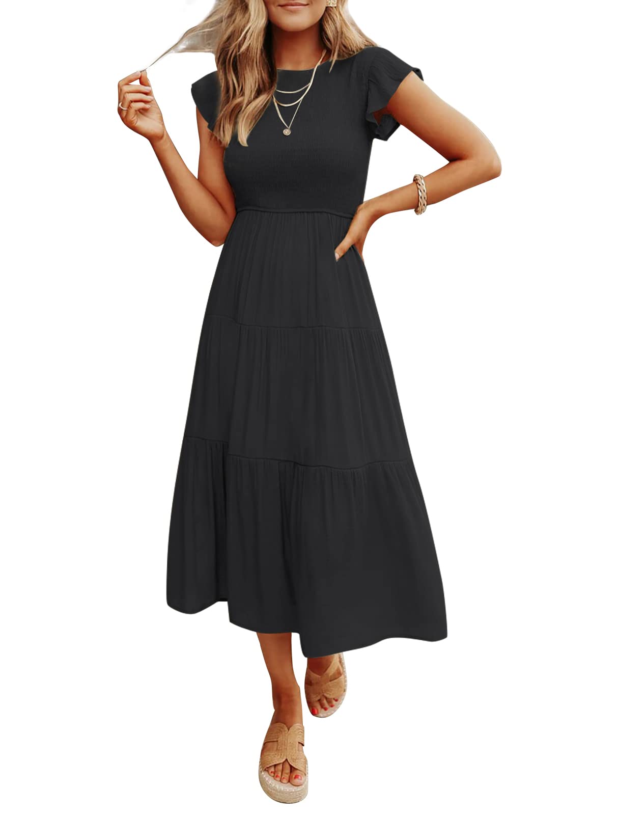 Women's Summer Casual Flutter Short Sleeve Smocked  Midi Dress