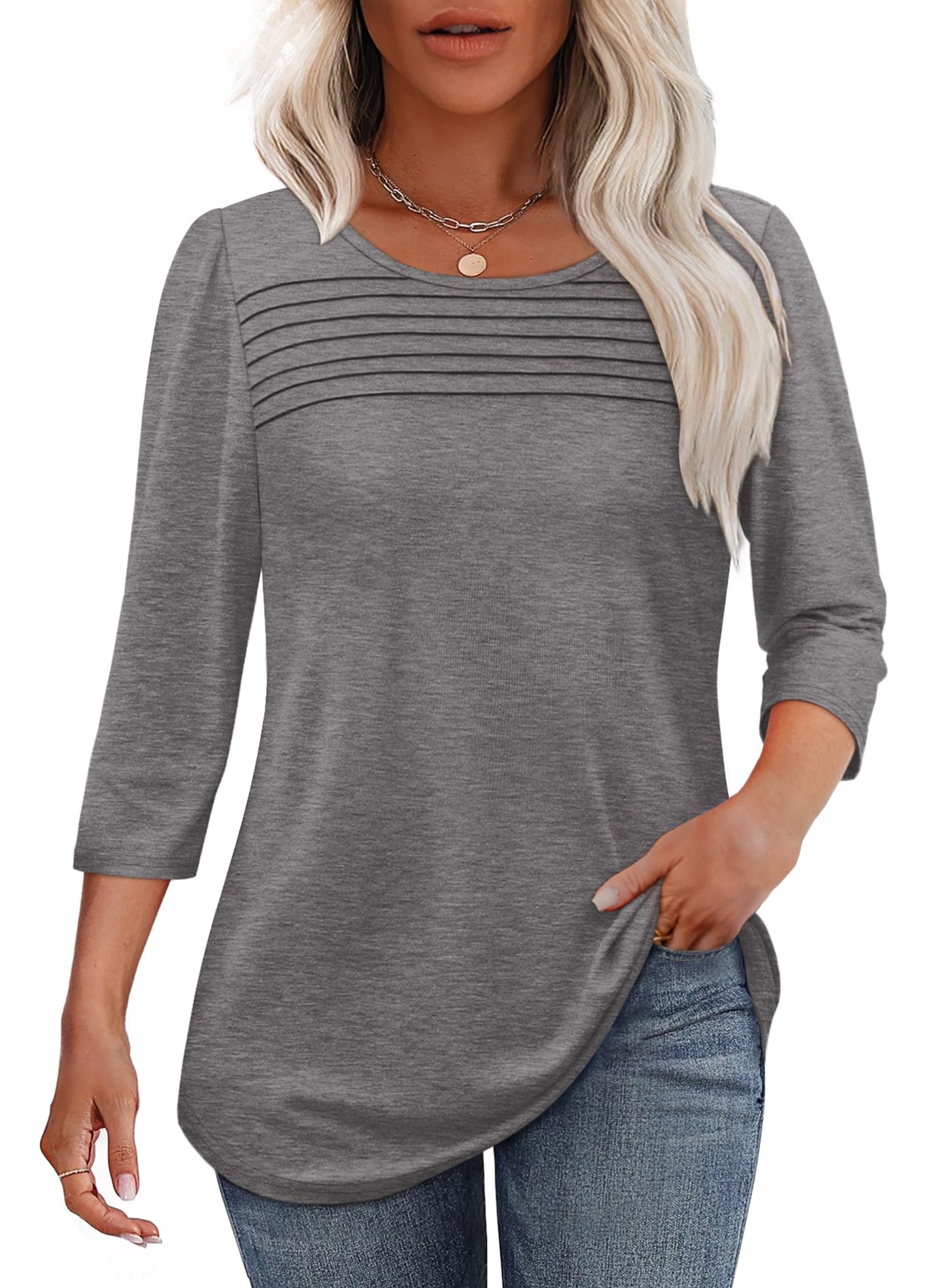 Women's 3/4 Length Sleeve Top Pleated Front T-Shirt