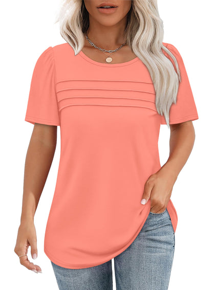 Women's Short Sleeve Pleated Front Scooped Neck T-shirts