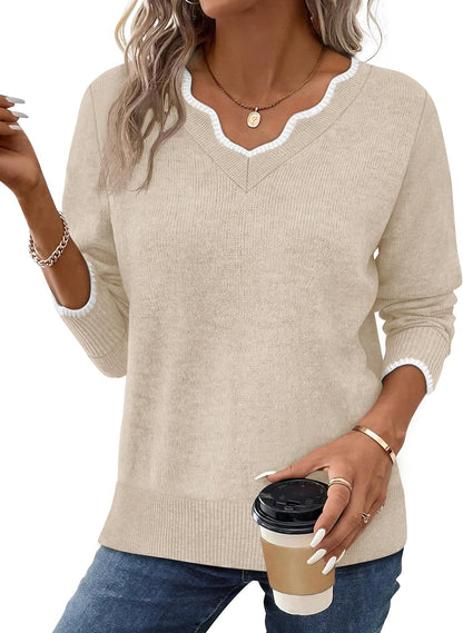 Women's Cozy Lightweight Scalloped V Neck Sweater