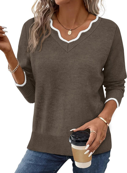 Women's Cozy Lightweight Scalloped V Neck Sweater