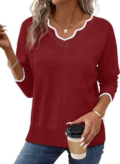 Women's Cozy Lightweight Scalloped V Neck Sweater