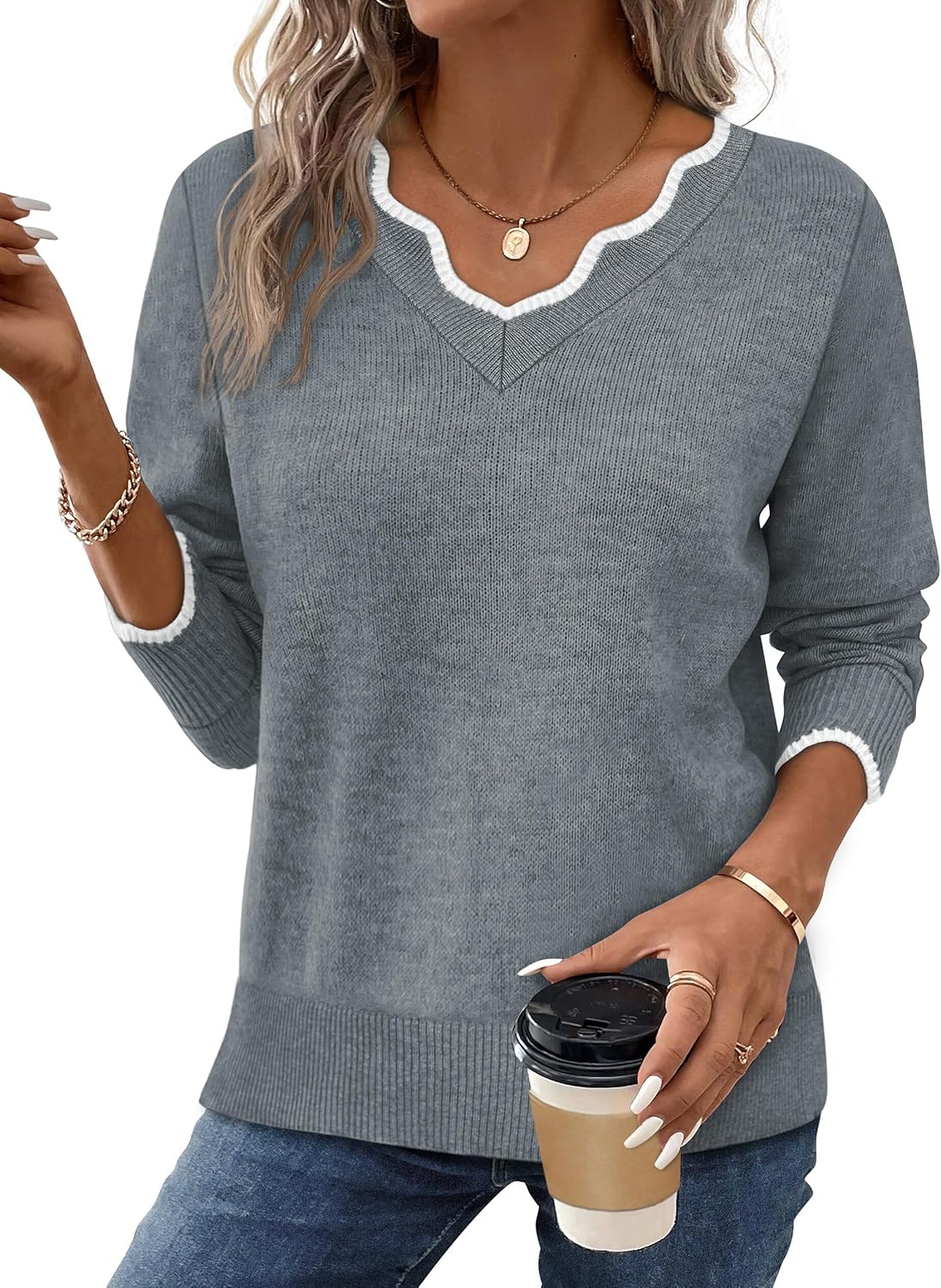 Women's Cozy Lightweight Scalloped V Neck Sweater