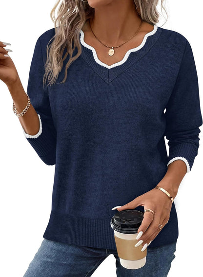 Women's Cozy Lightweight Scalloped V Neck Sweater