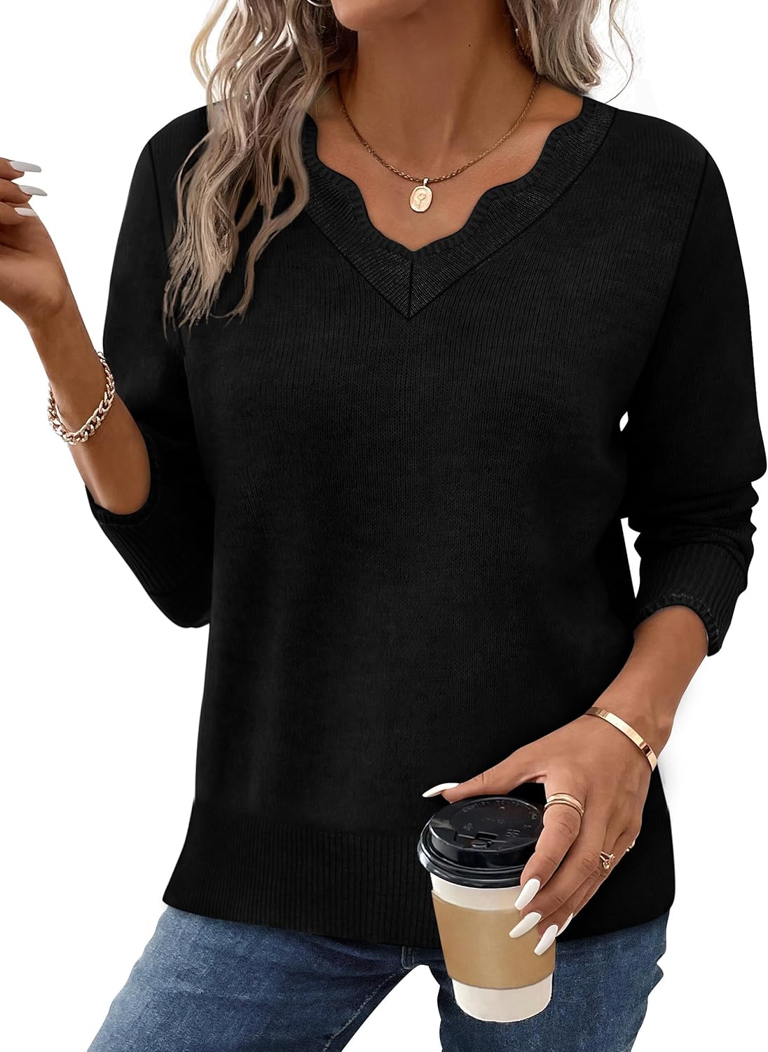 Women's Cozy Lightweight Scalloped V Neck Sweater