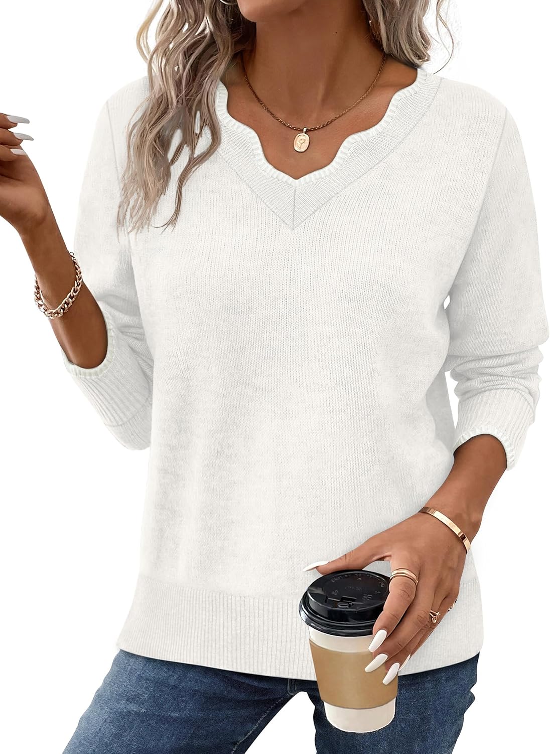 Women's Cozy Lightweight Scalloped V Neck Sweater
