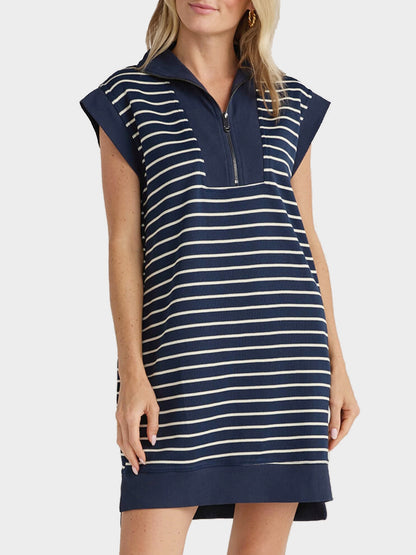 Women's Striped Knit Cap Sleeve Half-Zip Mini Dress