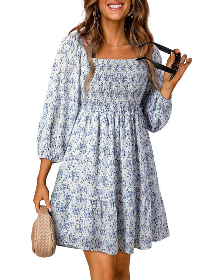 Women's Square Neck Smocked Boho Floral Dress