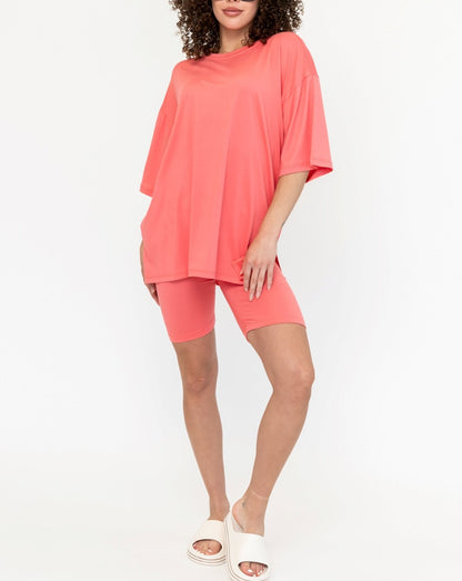 Women's Oversized Solid Biker Short Set