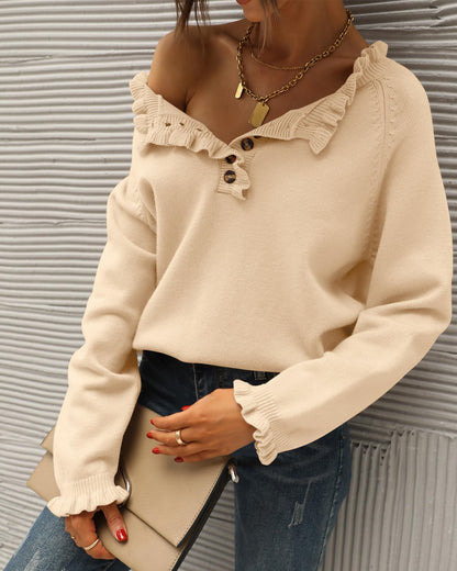 Women's Casual Knitted Button Ruffle Pullover Sweater