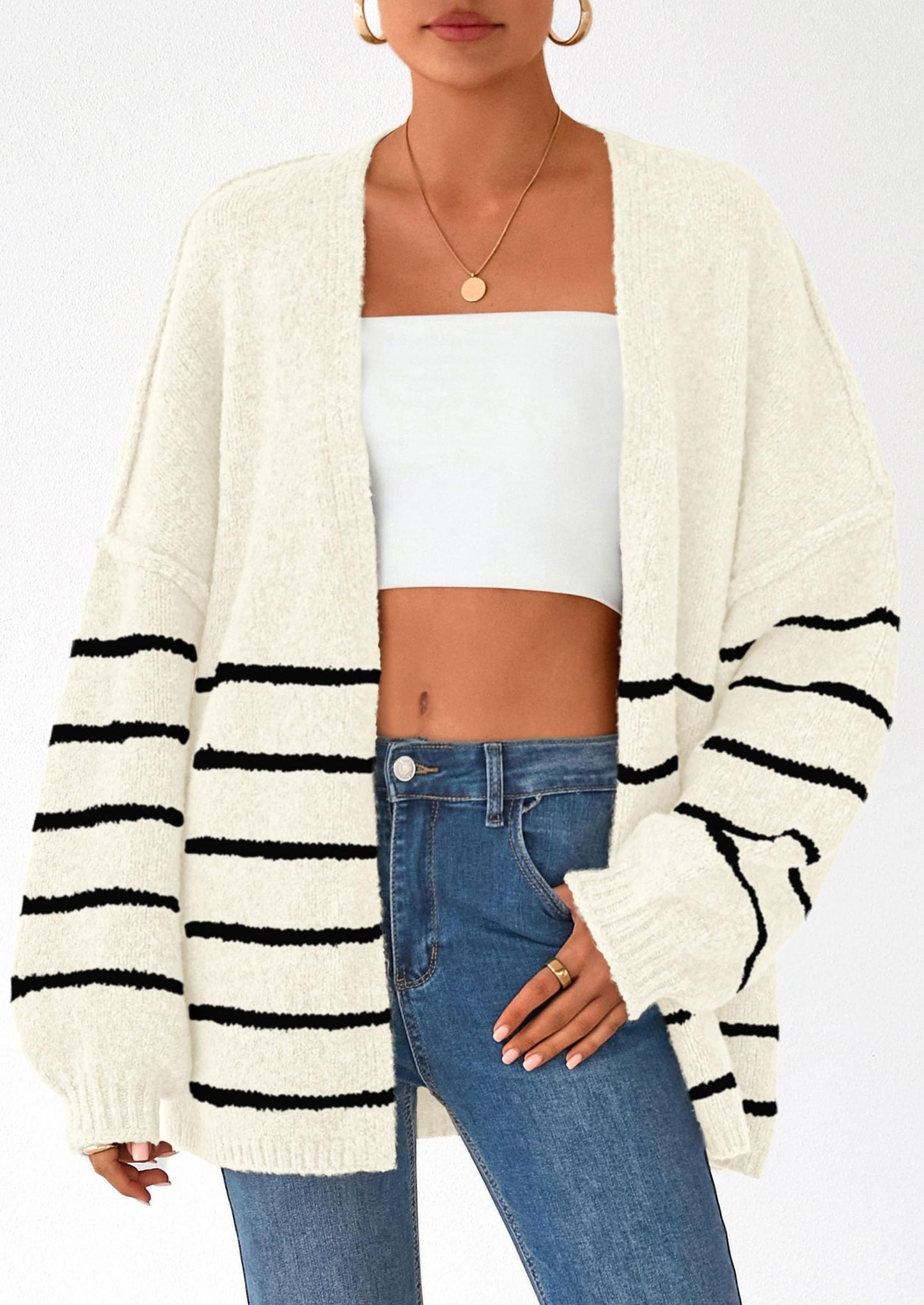 Women's Oversized Balloon Sleeve Striped Cardigan