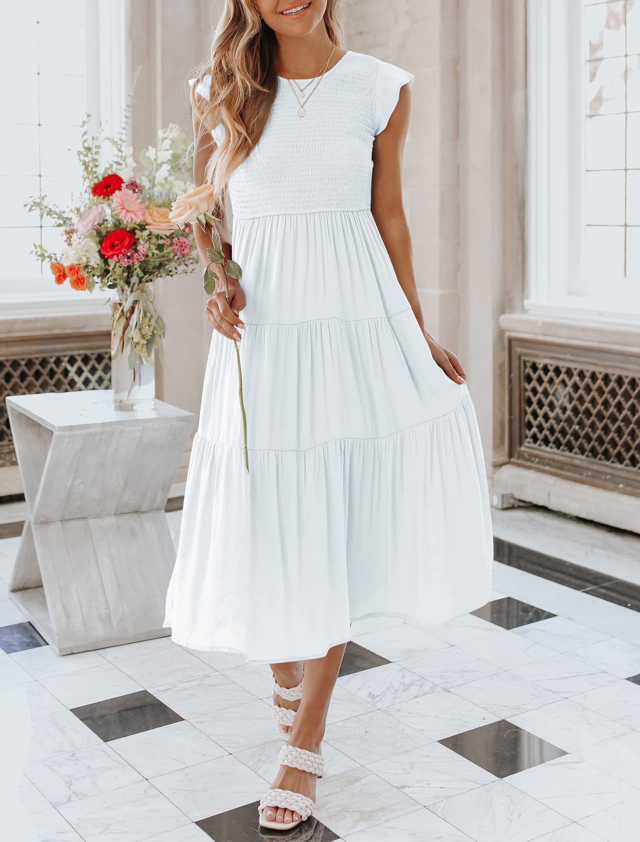 Women's Summer Casual Flutter Short Sleeve Smocked  Midi Dress