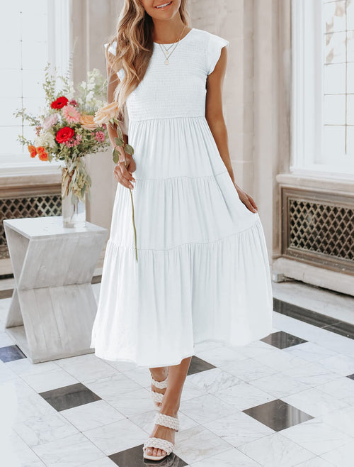 Women's Summer Casual Flutter Short Sleeve Smocked  Midi Dress
