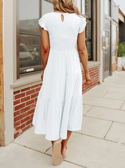 Women's Summer Casual Flutter Short Sleeve Smocked  Midi Dress