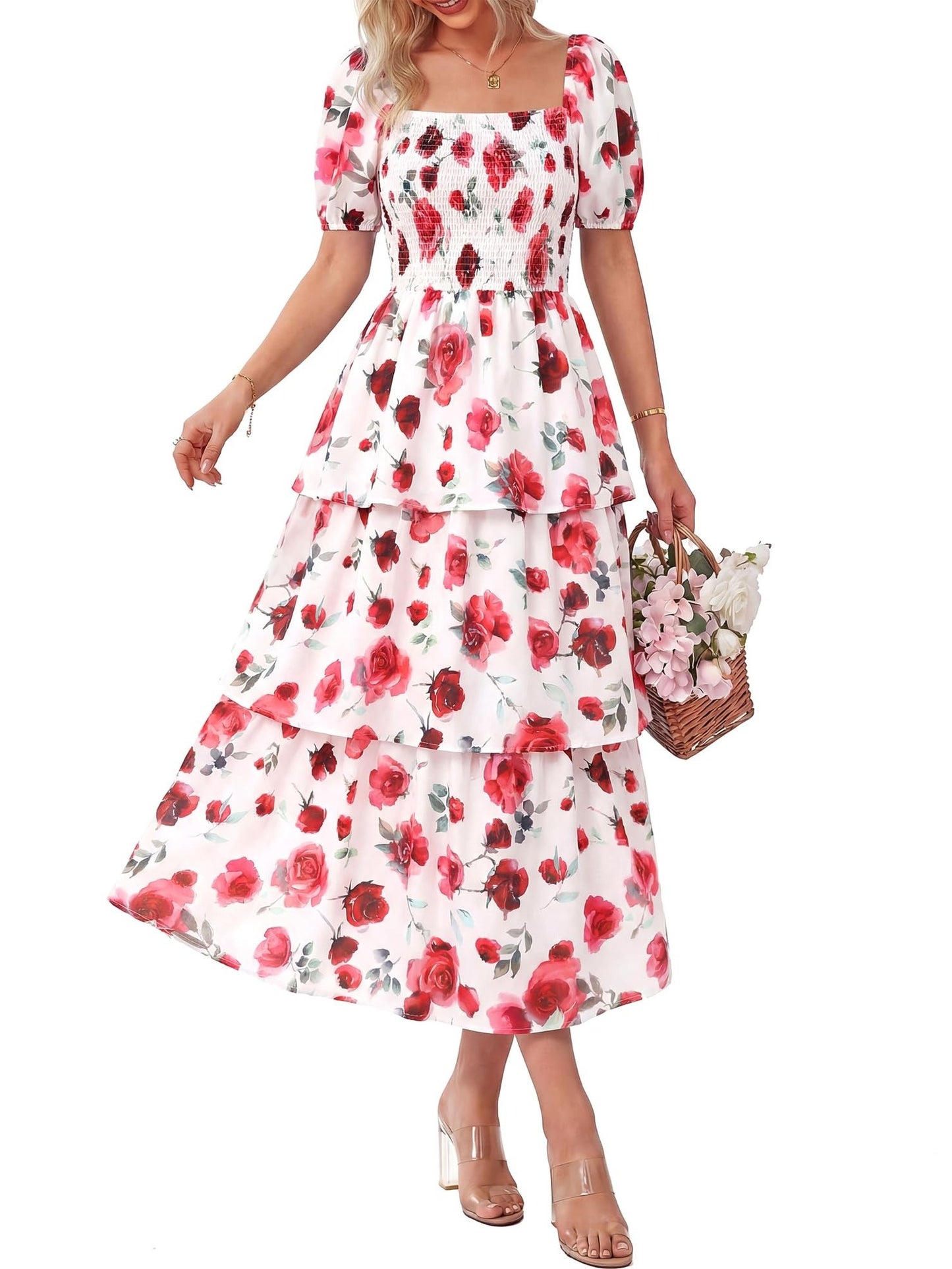 Women's Vacation Style Floral Print Square Neck Dress