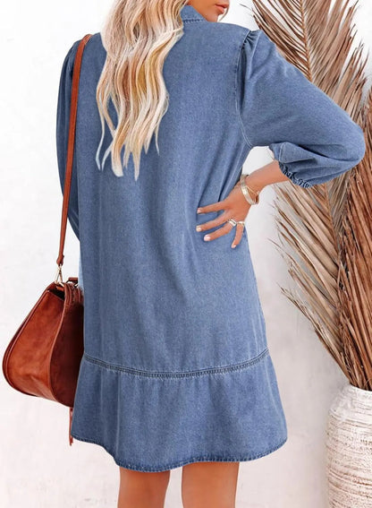 Women's V-Neck Puff Sleeve Denim Layered Dress