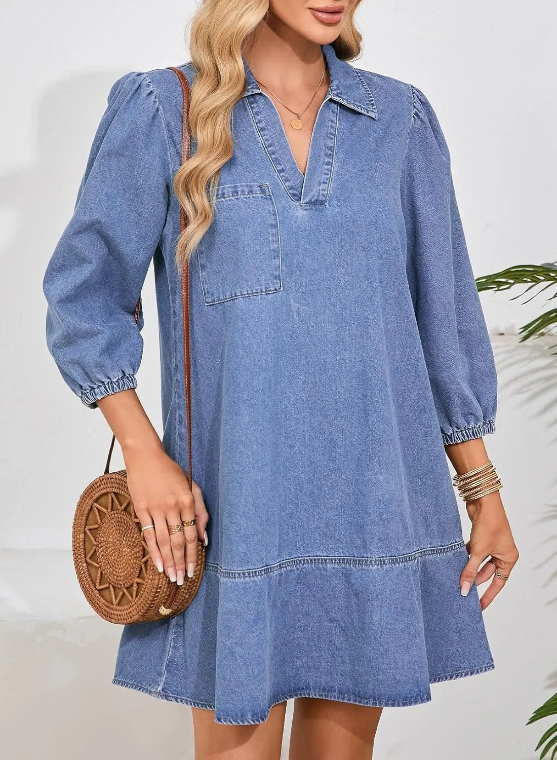 Women's V-Neck Puff Sleeve Denim Layered Dress