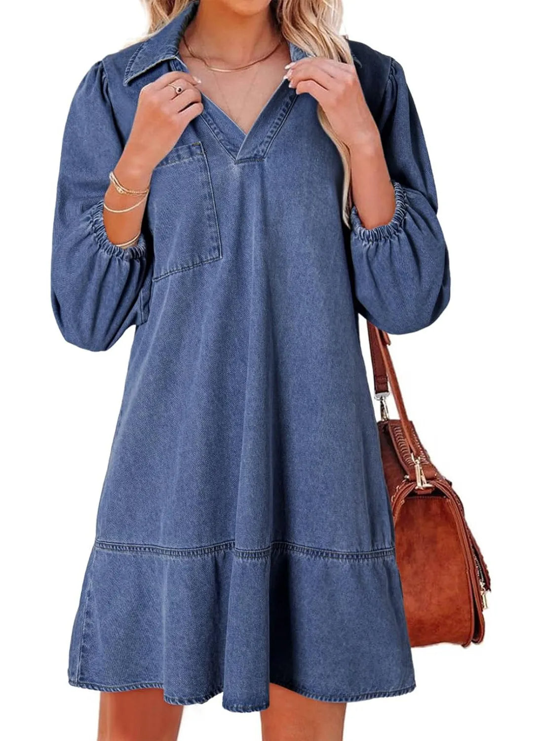 Women's V-Neck Puff Sleeve Denim Layered Dress – Pinklaura™
