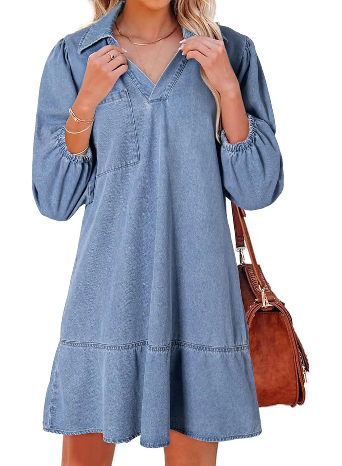 Women's V-Neck Puff Sleeve Denim Layered Dress – Pinklaura™