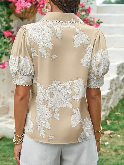 Women's Puff Sleeve Floral Print Button Down Shirts
