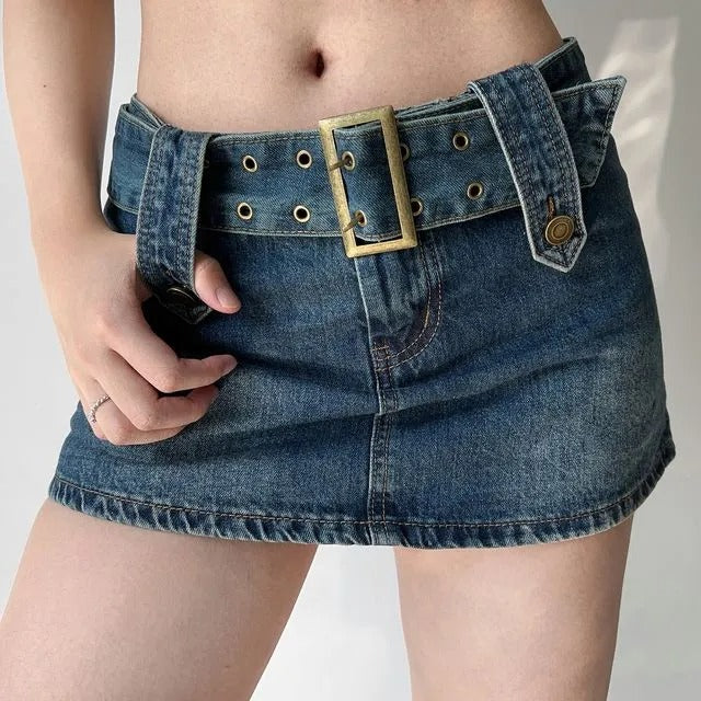 Vintage High Waist Belt Denim Skirt