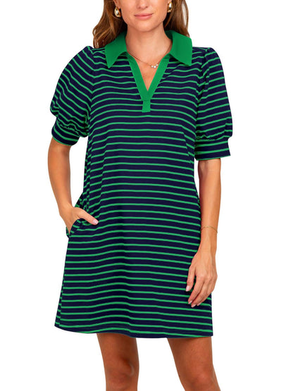 Women's Striped Puff Polo T-shirt Dresses with Pockets