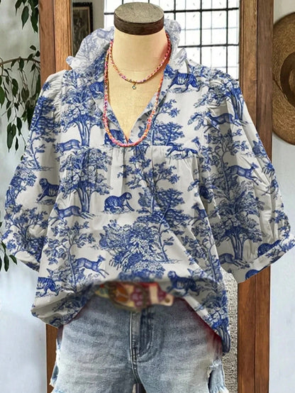 Women's V-neck Ruffle Collar Printed Shirts
