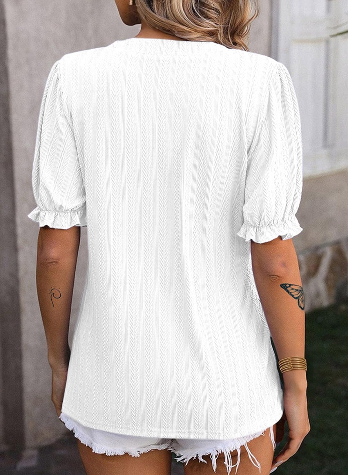 Women's V-Neck  Puff-Sleeve Textured Knit Top