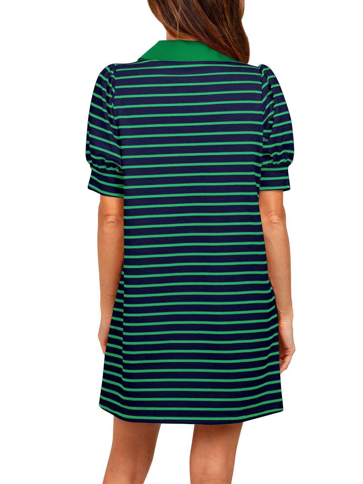 Women's Striped Puff Polo T-shirt Dresses with Pockets