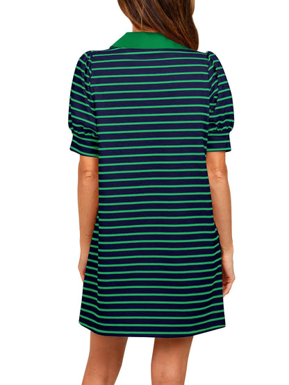 Women's Striped Puff Polo T-shirt Dresses with Pockets