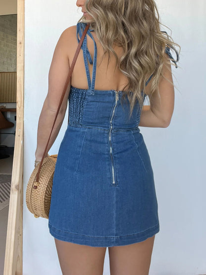 Women's Strappy Denim Zipper Romper Dress