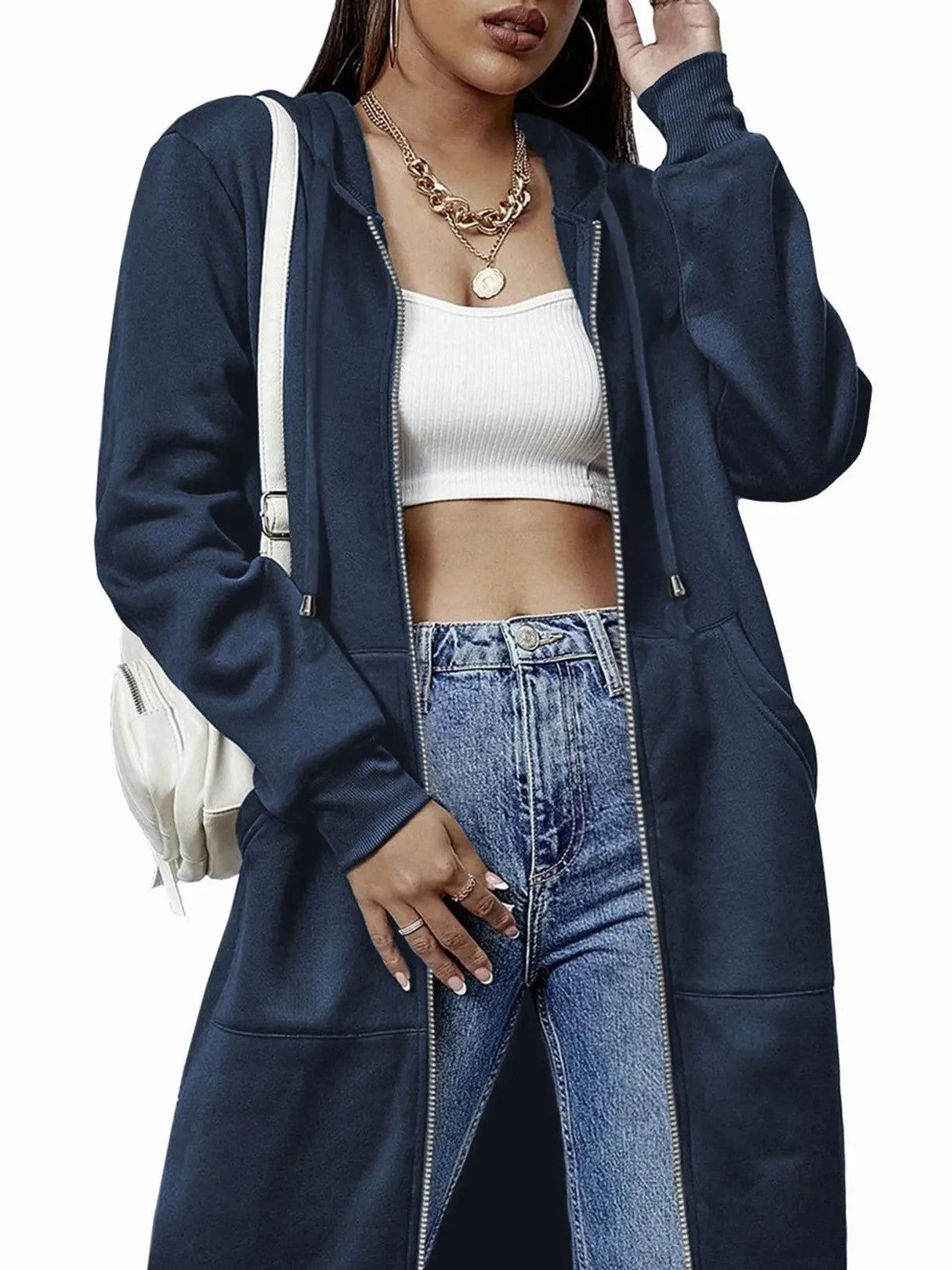 Women's Casual Long Hooded Zip Up Jacket