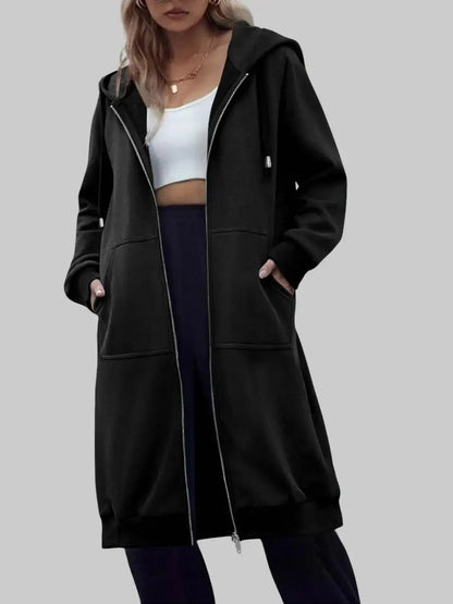 Women's Casual Long Hooded Zip Up Jacket