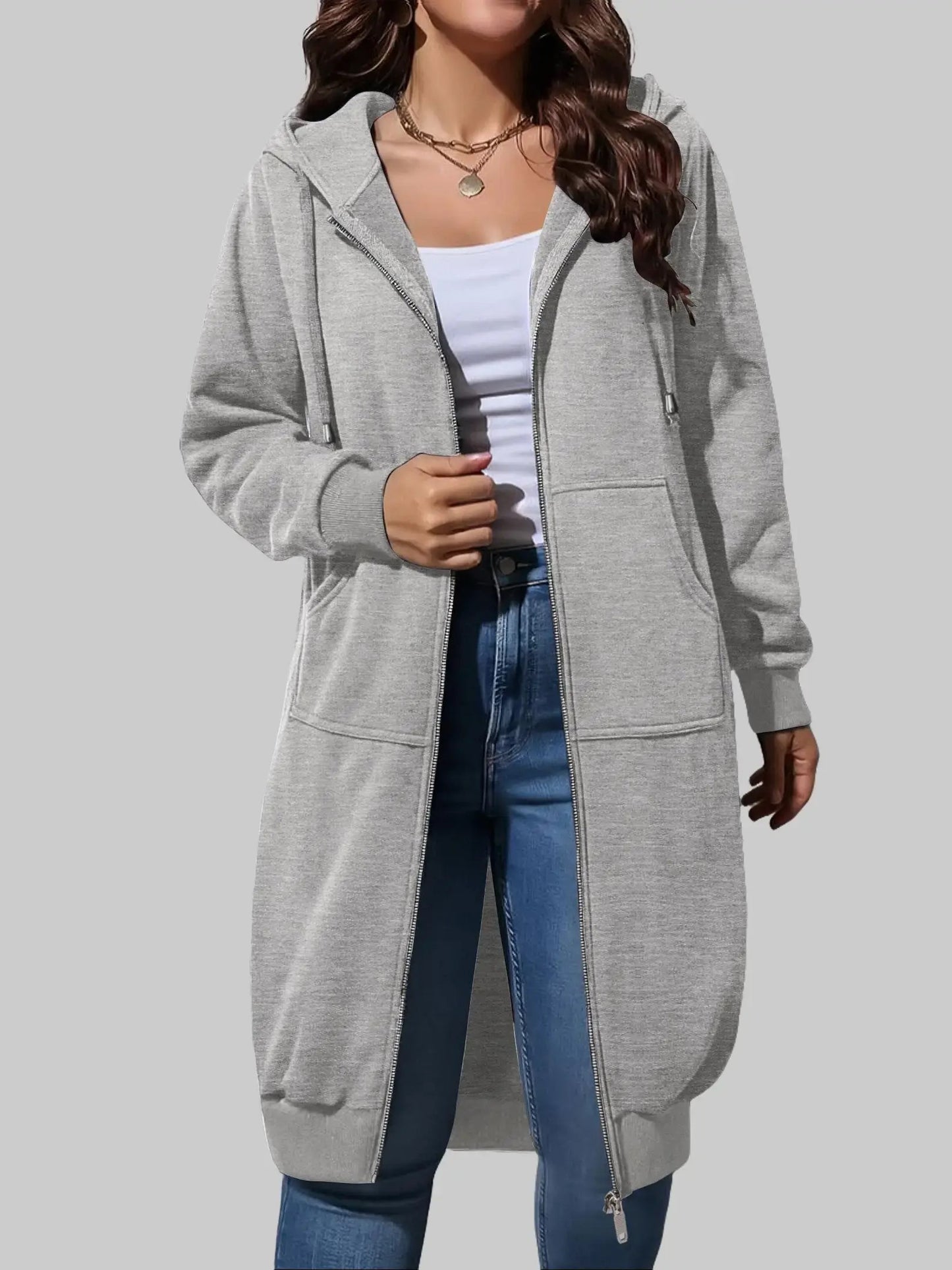 Women's Casual Long Hooded Zip Up Jacket