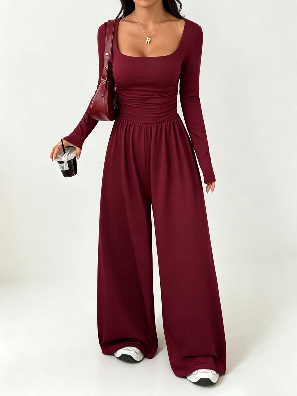 Women's Soft Stretchy Square Neck Wide Leg Jumpsuit