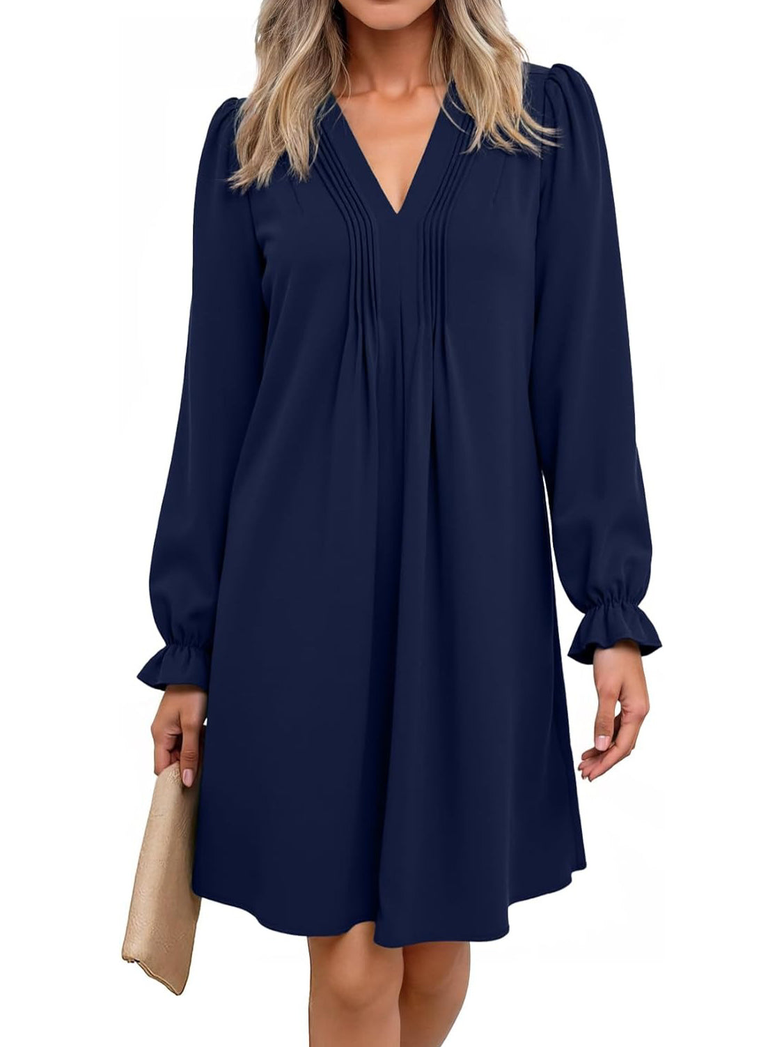 Women's V Neck Long Sleeve Ruffle Classic Dress
