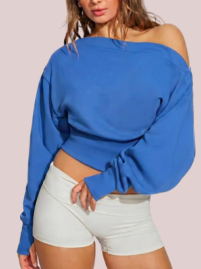 Women's Off Shoulder Cropped Sweatshirt with Thumb Holes