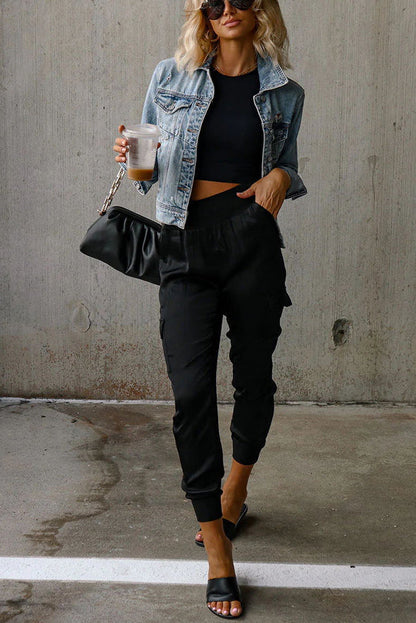 Women's Satin High Waist Pocketed Joggers