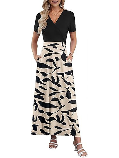 Women's V Neck Floral Print Flowy Maxi Dress with Pockets