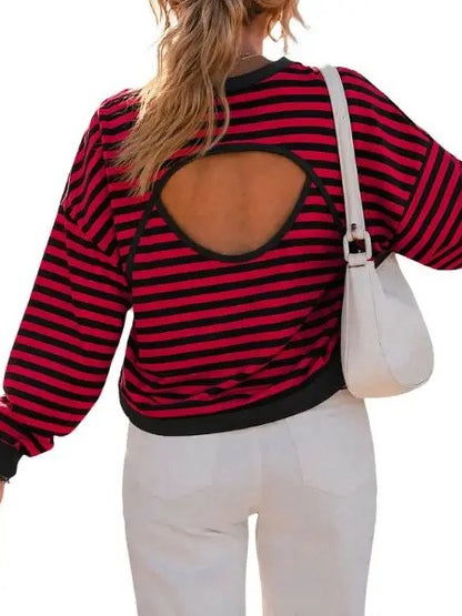Women's Fall Striped Back Cutout Oversized Sweatshirt