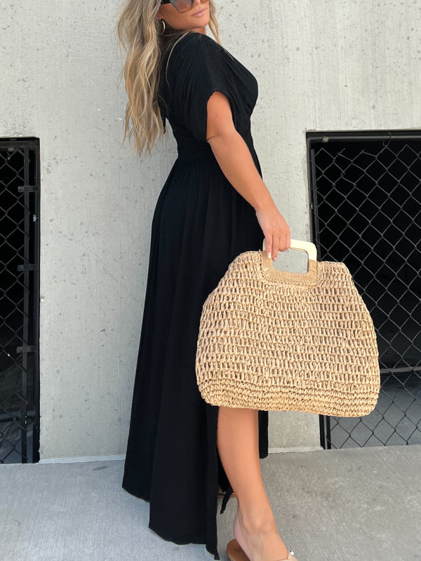 V-neck Dress With Slit And Gathered Waist