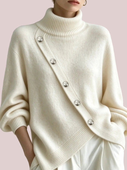Women's Minimalist Asymmetric Button Turtleneck Sweater