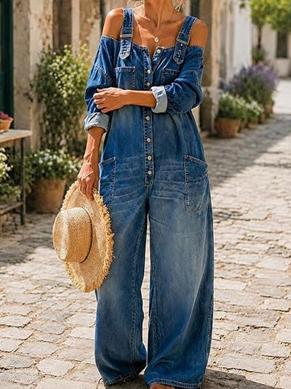 Women's Vintage Washed Off Shoulder Denim Wide Leg Overalls